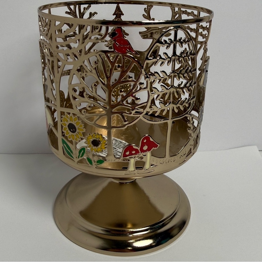 Bath & Body Works 3-Wick Candle Holder Pedestal Gold Fox Bear Deer Nature Animal - Picture 4 of 6